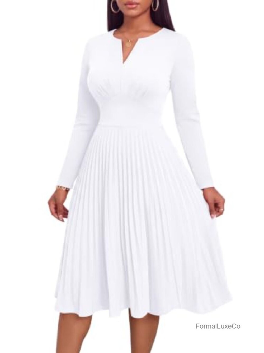 Nmoder Womens Midi Dress Pleated Long Sleeve Church Dress with Pockets